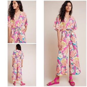 EUC Anthropologie Farm Rio Eulalie Wide-Leg Floral Magnolia Flower Jumpsuit​